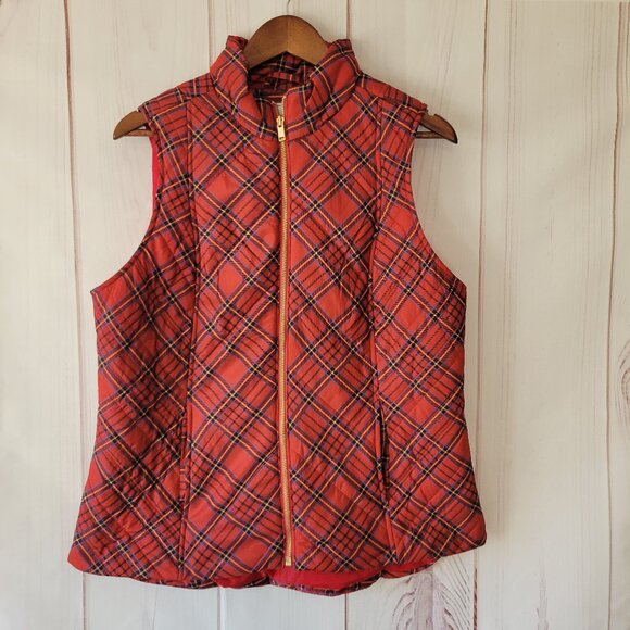 Charter Club Women’s L Quilted Vest, Red Plaid Puffer Zip-up, Warm Fall Vest - Picture 1 of 7